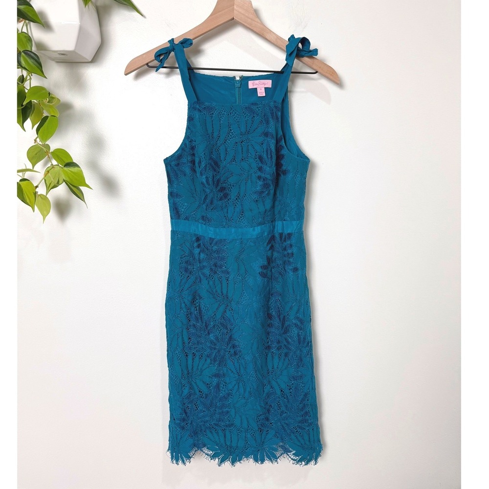 Lilly Pulitzer Teal Blue Floral Lace Tie Shoulder Sheath Dress 0 Cocktail Preppy